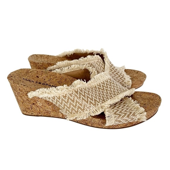 Lucky Brand Sandals Women's Sz 10 Khillian Stone Open Toe Woven Cork Wedge Slide - Picture 5 of 9